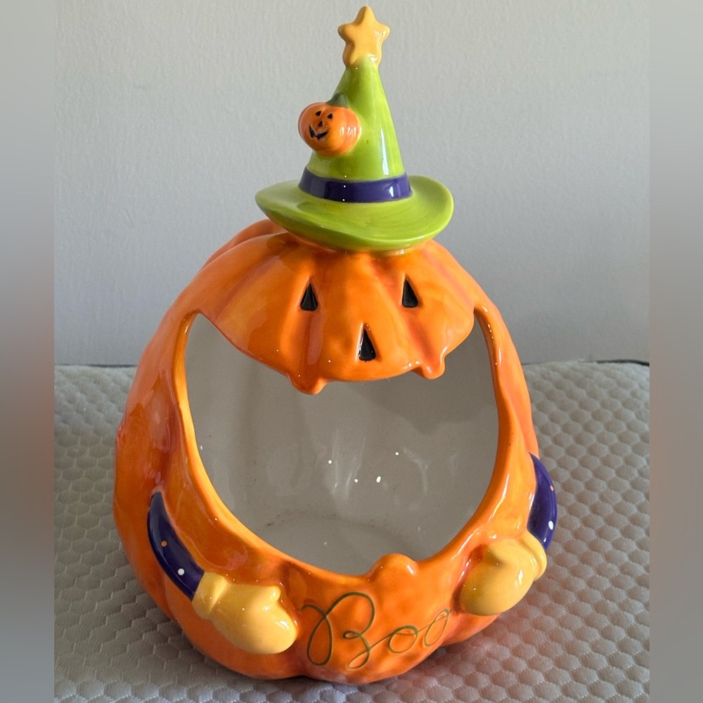 Ceramic Jack O Lantern Halloween Pumpkin Witch 12" Decorative Candy Holder.